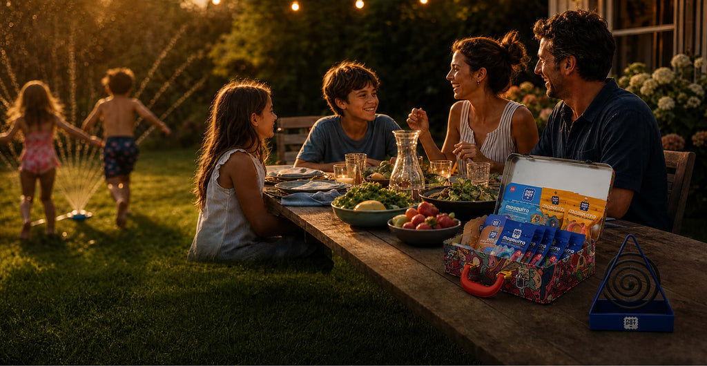 Golden-hour backyard dinner with NatPat summer mosquito kit on the table